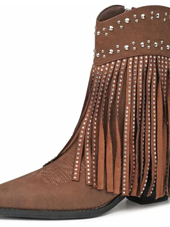 Women’s Brown Boots Rhinestone Studded Western Fringe Ankle Boot Block Heel - Picture 4 of 6